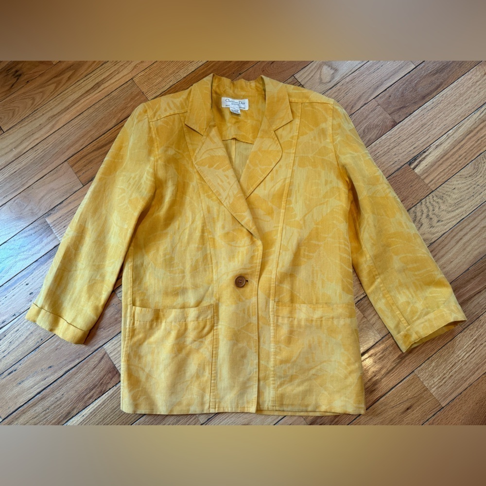 VTG Christian Dior 1 Button Cotton/Linen Yellow Palm Women’s Blazer Size 6 READ - Picture 7 of 16